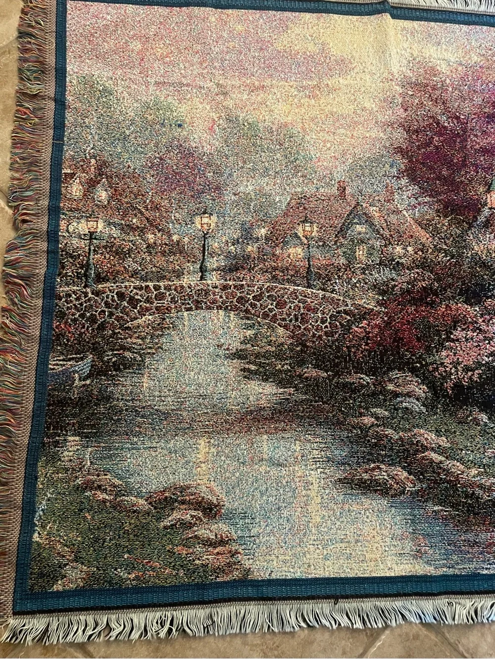 Thomas Kinkade Cottage Bridge Tapestry - Pink & Cream 60x48